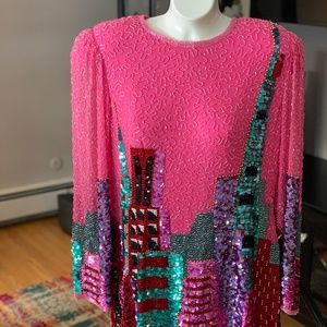 Vintage Size 8 Blacktie Oleg Cassini Long Sleeved Sequin Top